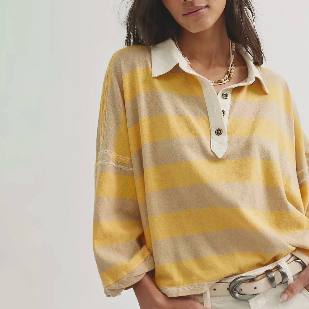 NEW FREE PEOPLE auggie collared tee in oat latte/yellow fin